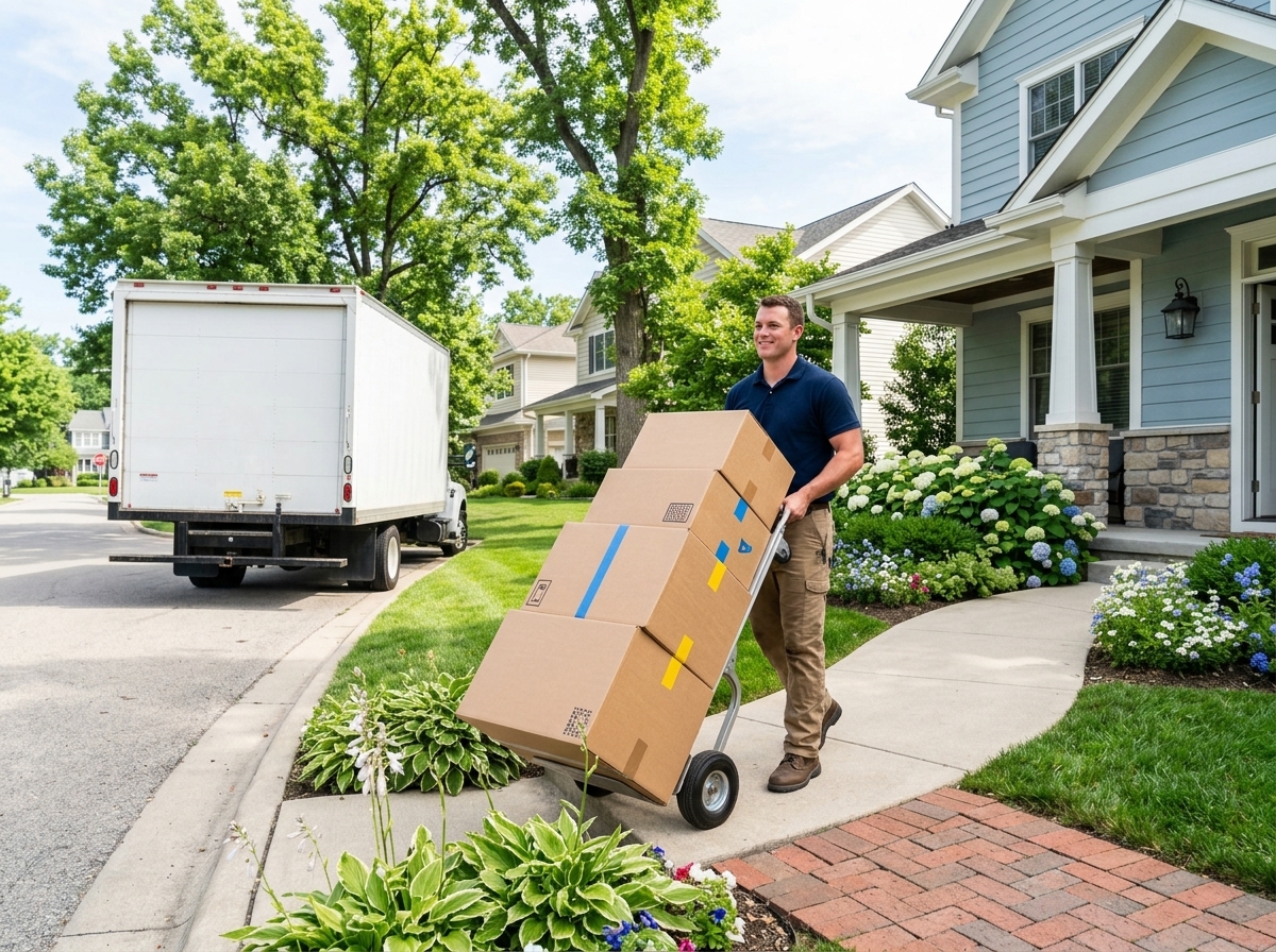 Movers carrying wrapped furniture from a local home