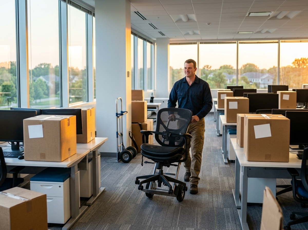 Movers relocating office chairs, boxes, and desk equipment