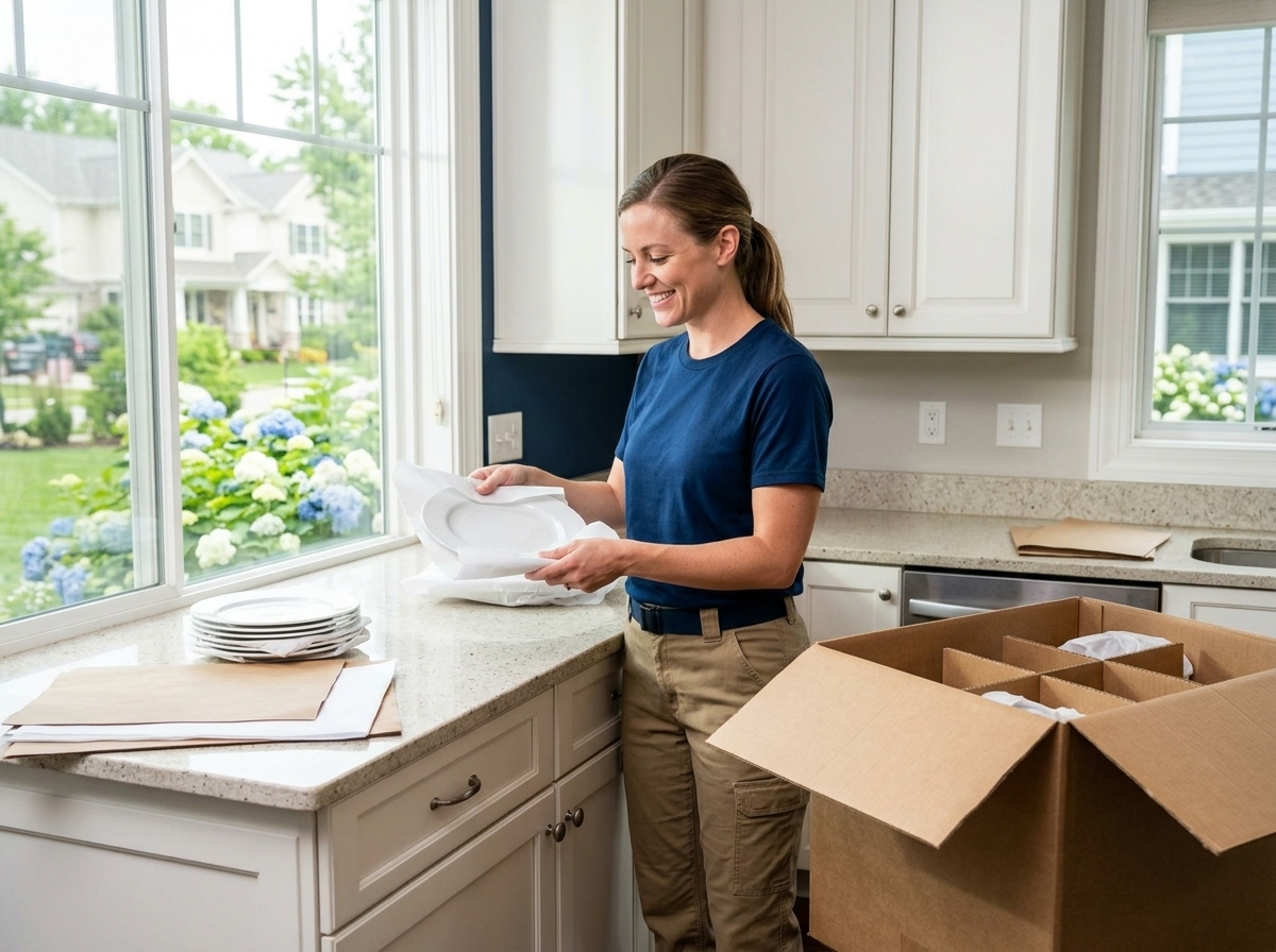Mover labeling packed kitchen boxes on a counter