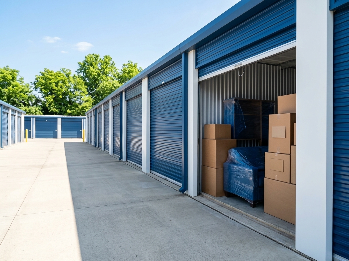 Labeled moving boxes stacked neatly in a storage space