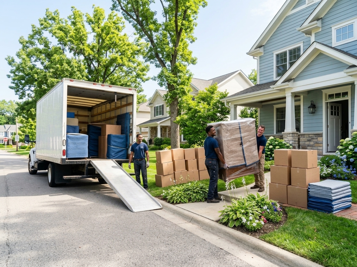 Movers carrying wrapped furniture through a protected doorway
