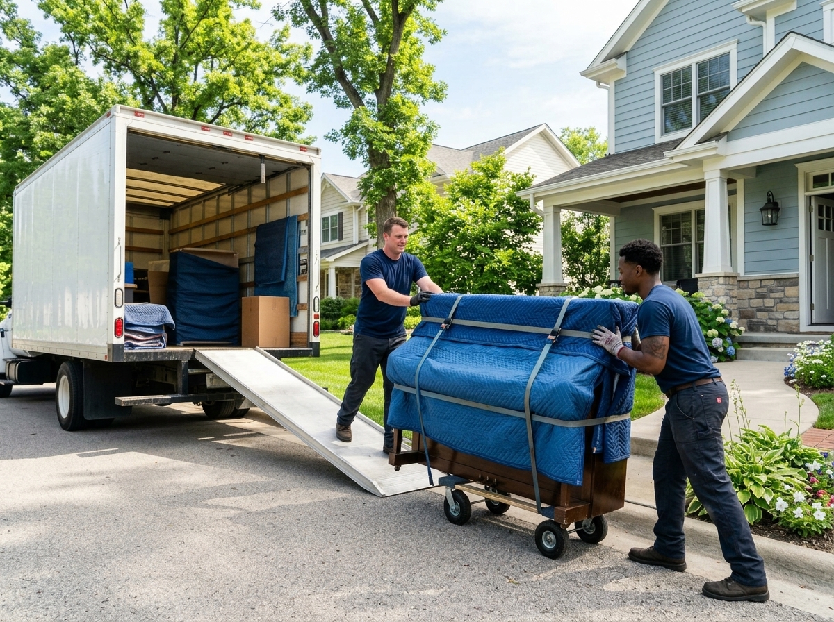 Carefully packed boxes and wrapped furniture staged for loading