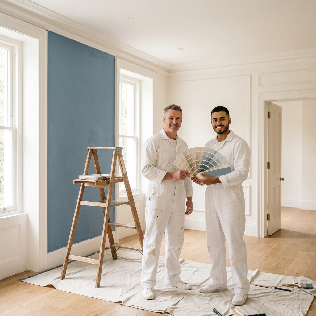 Two painters reviewing wall color samples in a clean interior