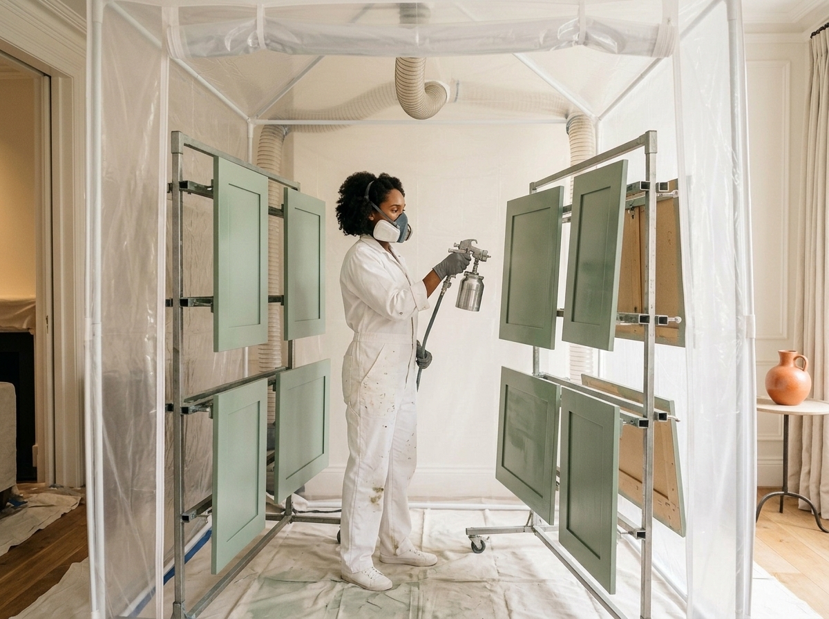 Cabinet doors being sprayed with a smooth painted finish