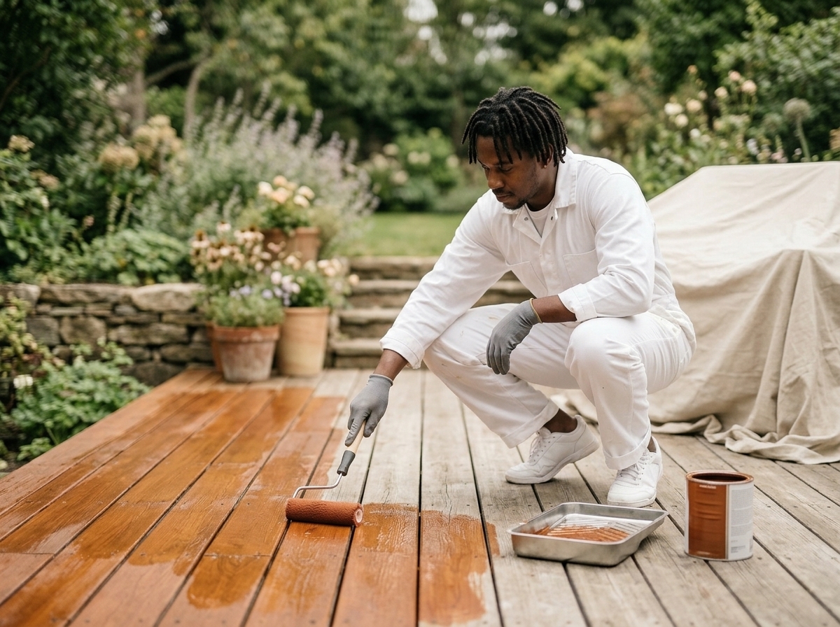 Deck boards receiving an even stain finish outdoors