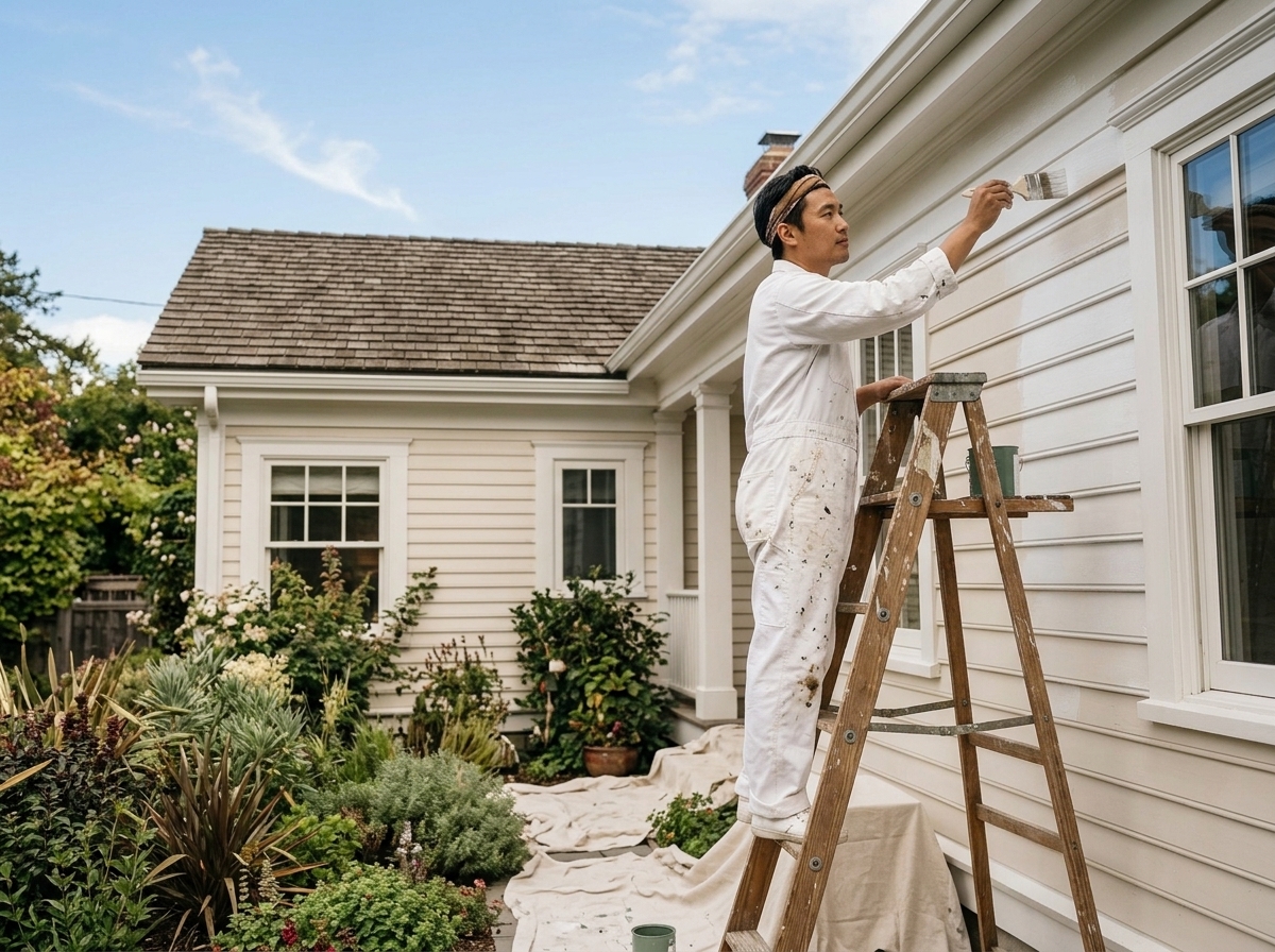 Painter brushing exterior siding on a sunny residential home