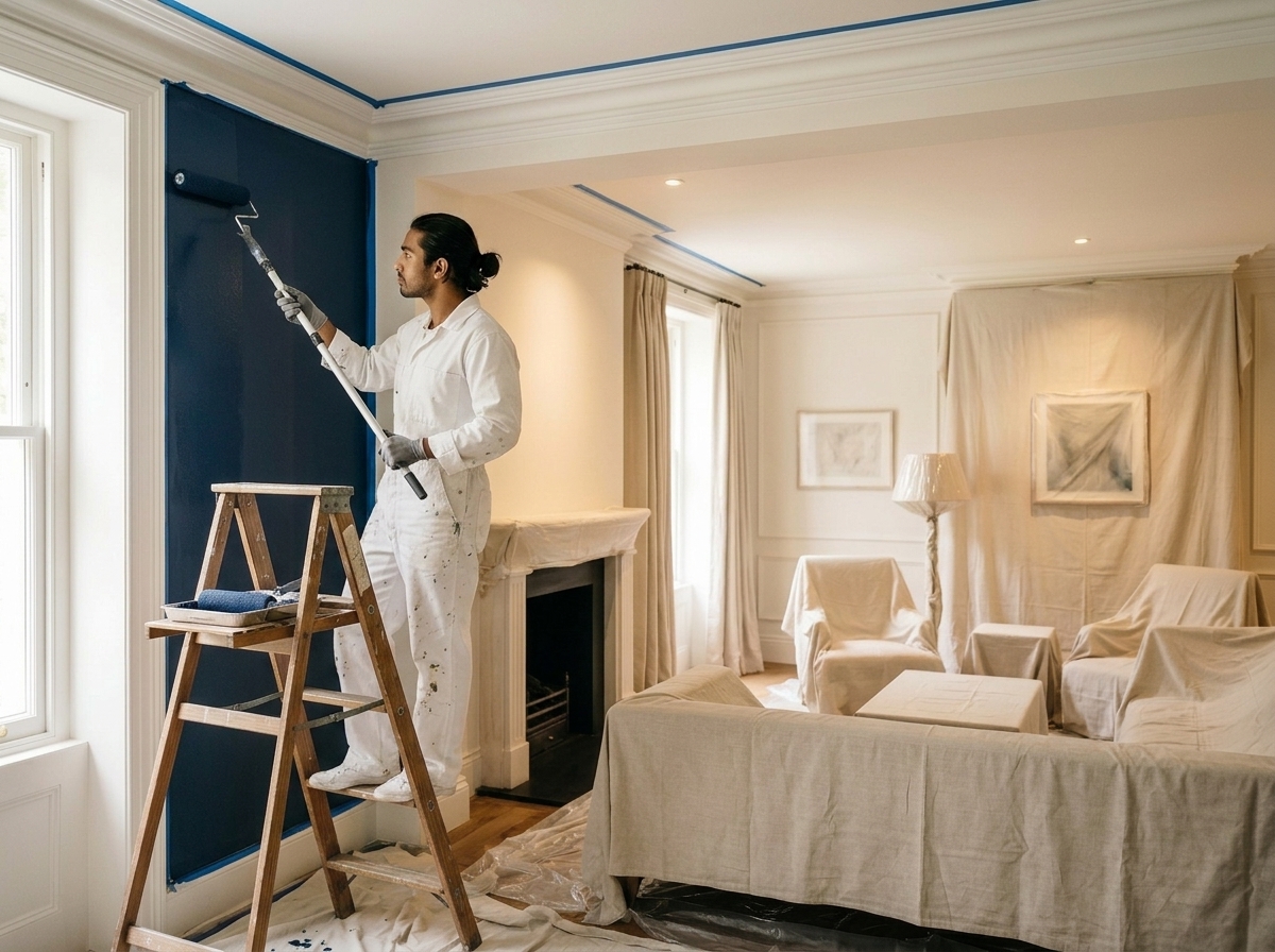 Painter rolling a smooth wall finish in a furnished living room