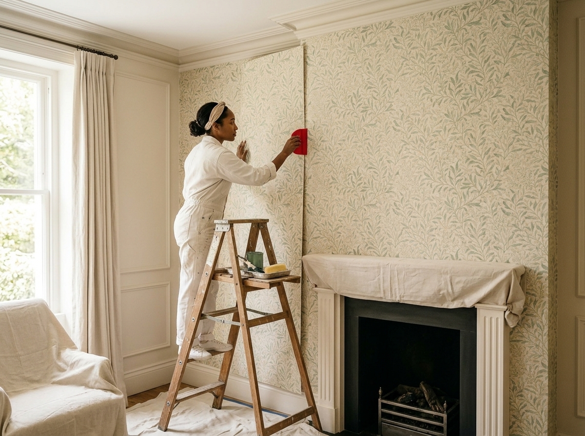 Wallpaper being installed with careful seam alignment