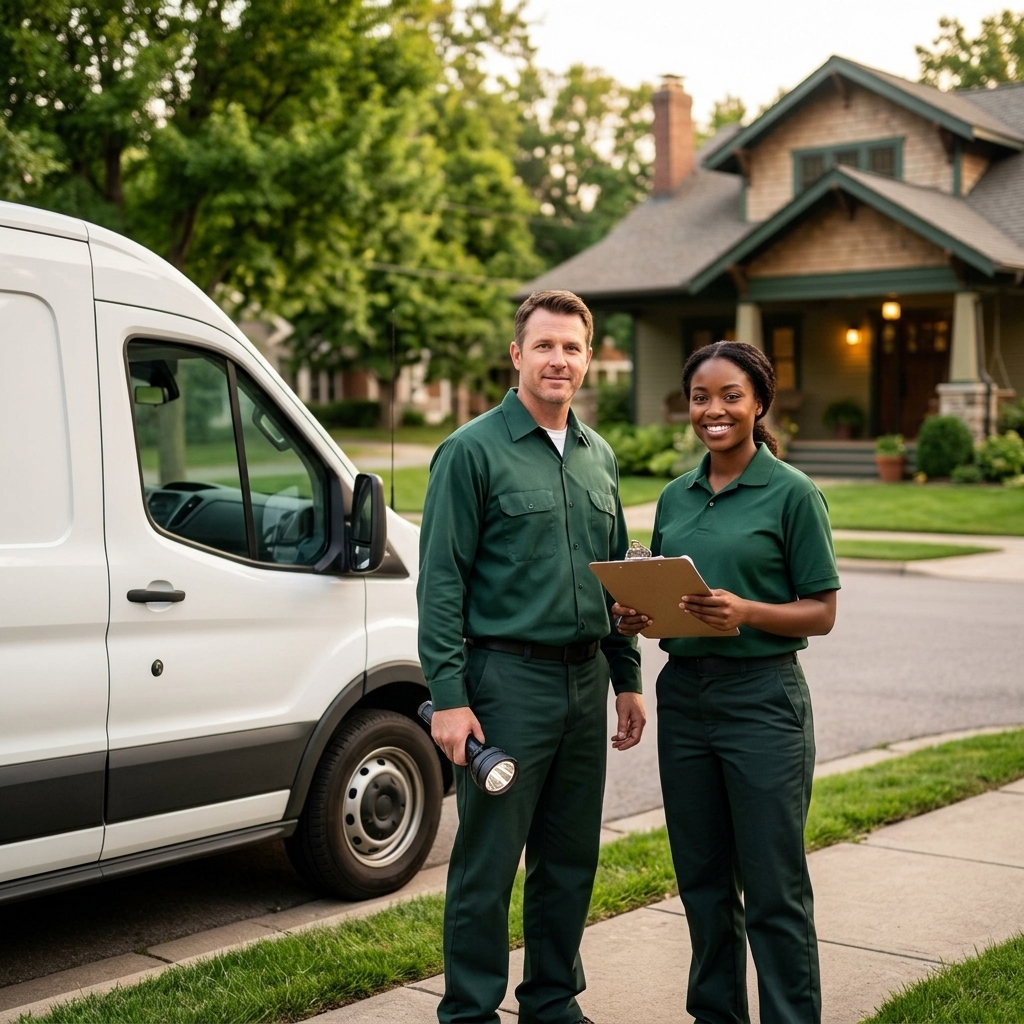 Pest control team reviewing inspection notes beside a service vehicle