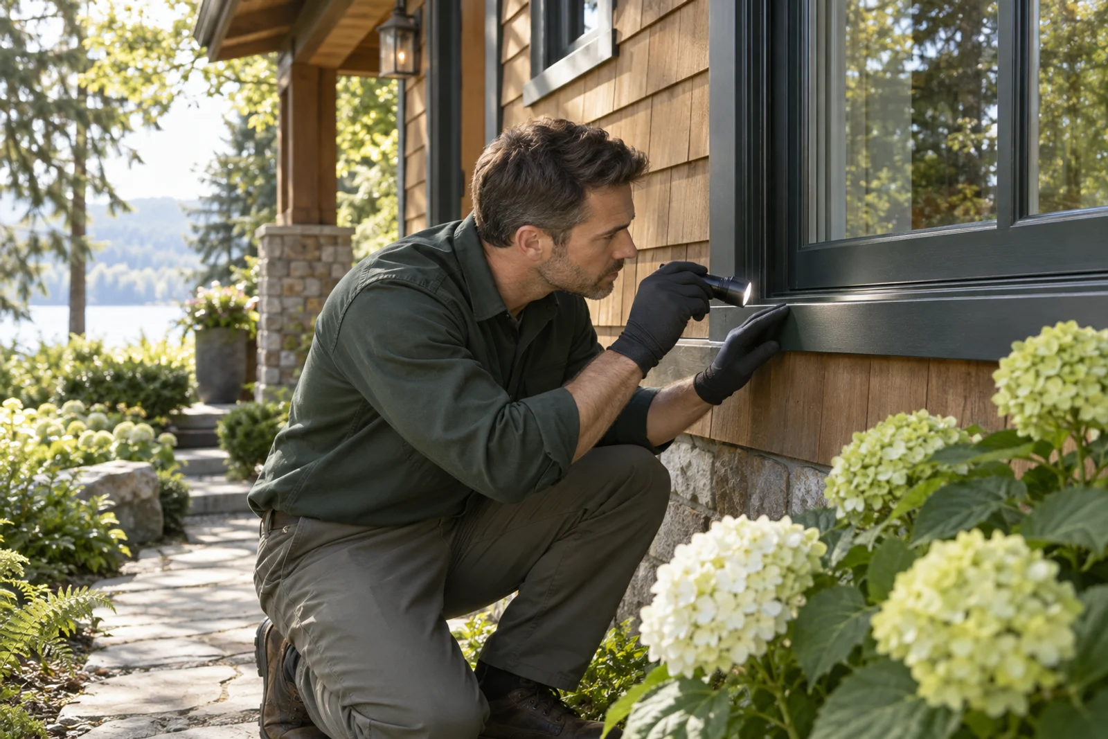 Technician inspecting an exterior window frame