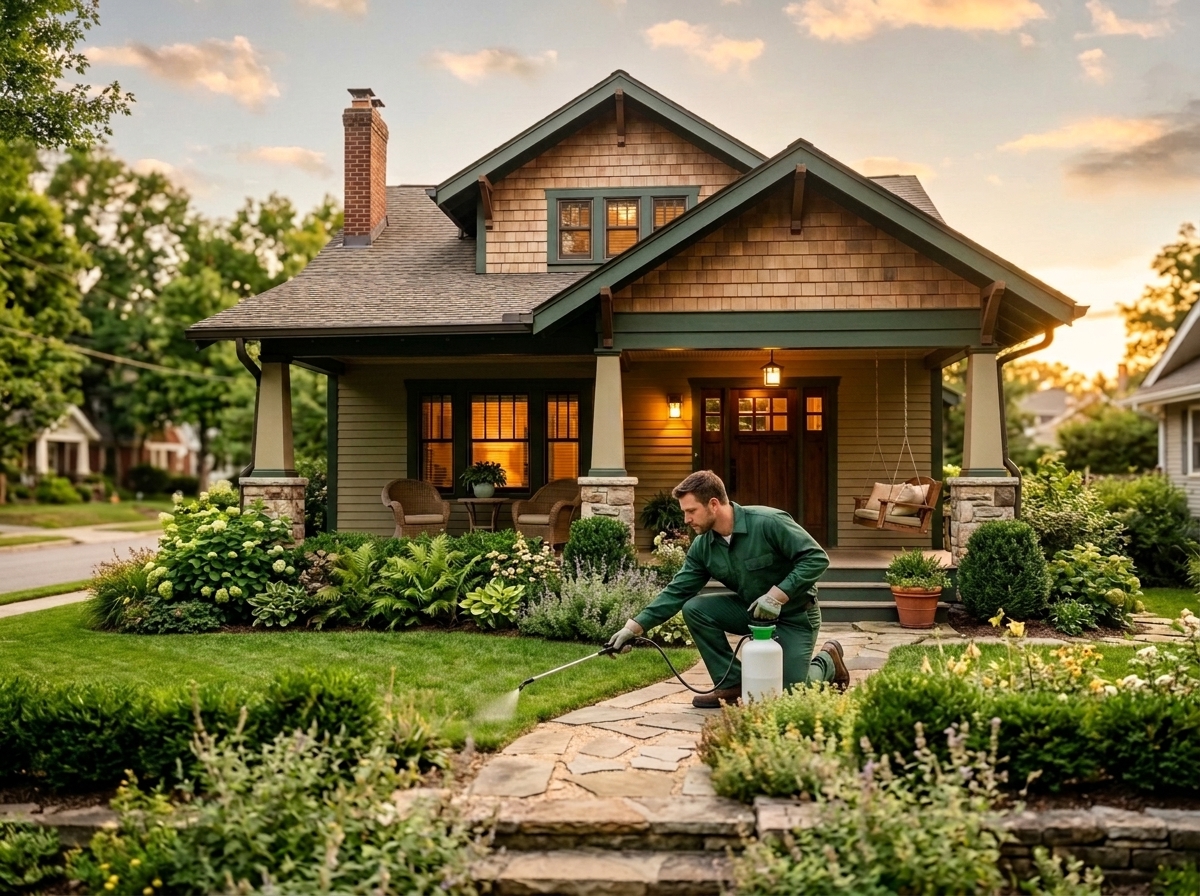Pest control technician treating the foundation line beside a craftsman home's front porch at golden hour