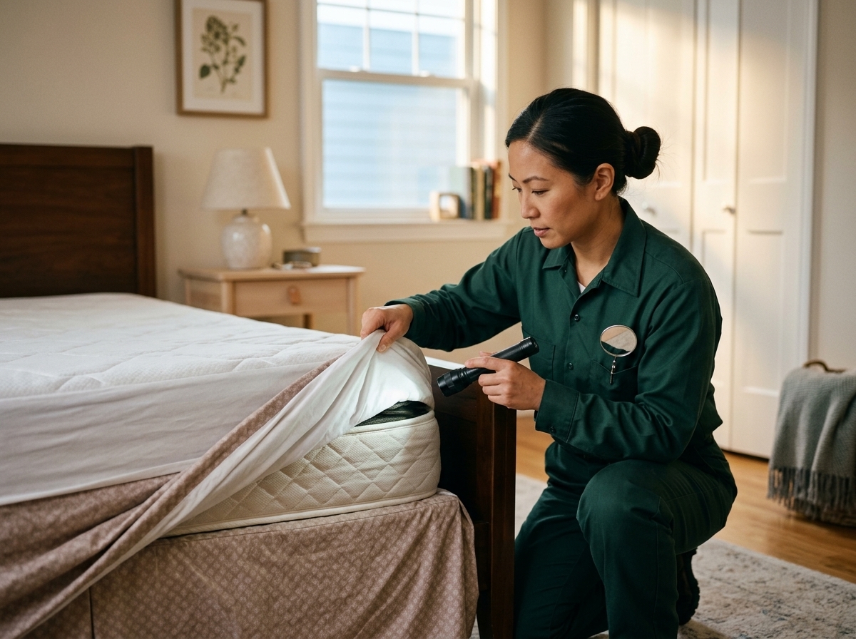 Technician inspecting mattress seams with a focused light