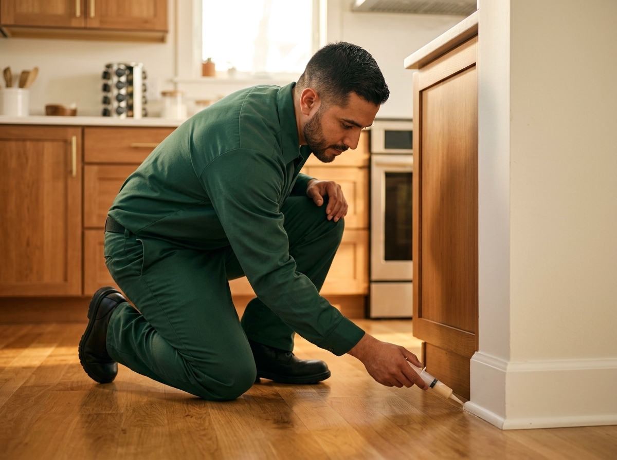Technician applying a precise gel treatment along a kitchen baseboard