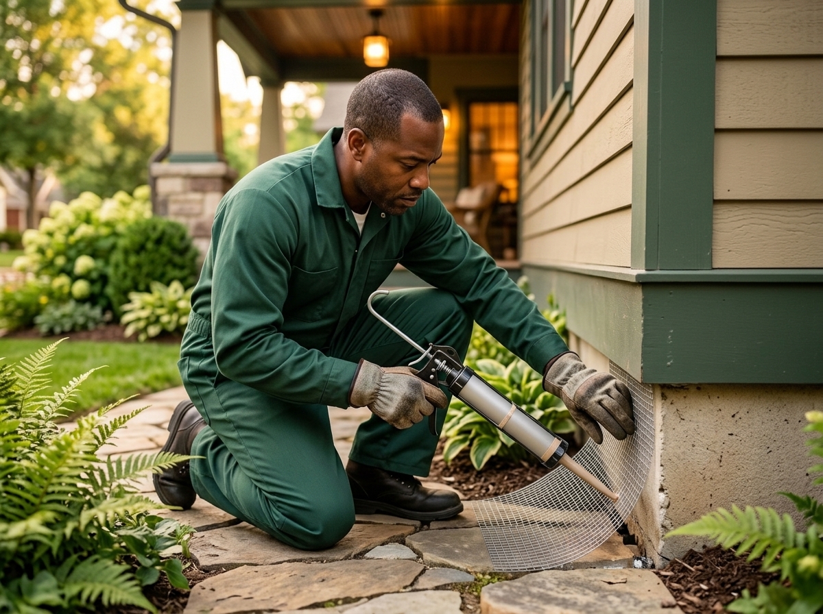 Technician sealing a small rodent entry point beside exterior utility lines