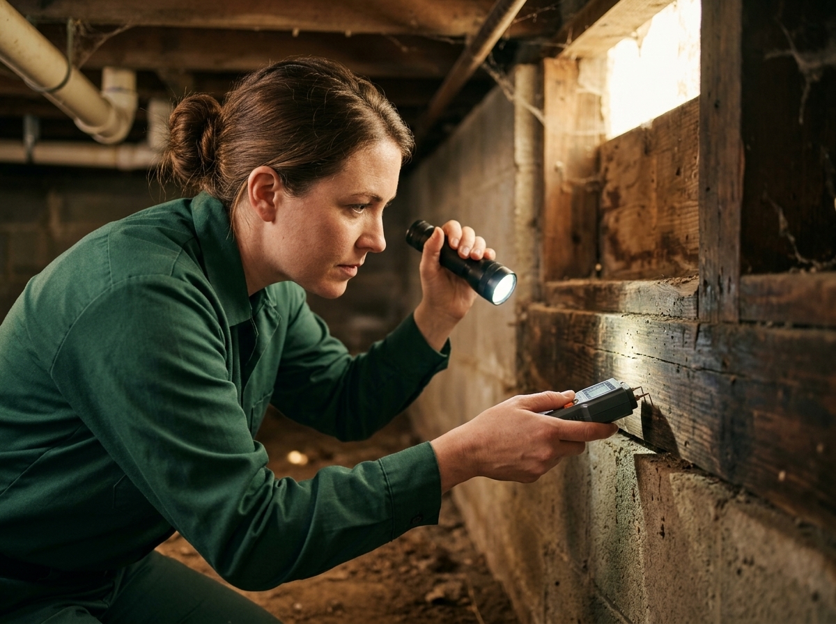 Inspector checking a wooden sill and foundation seam for termite activity