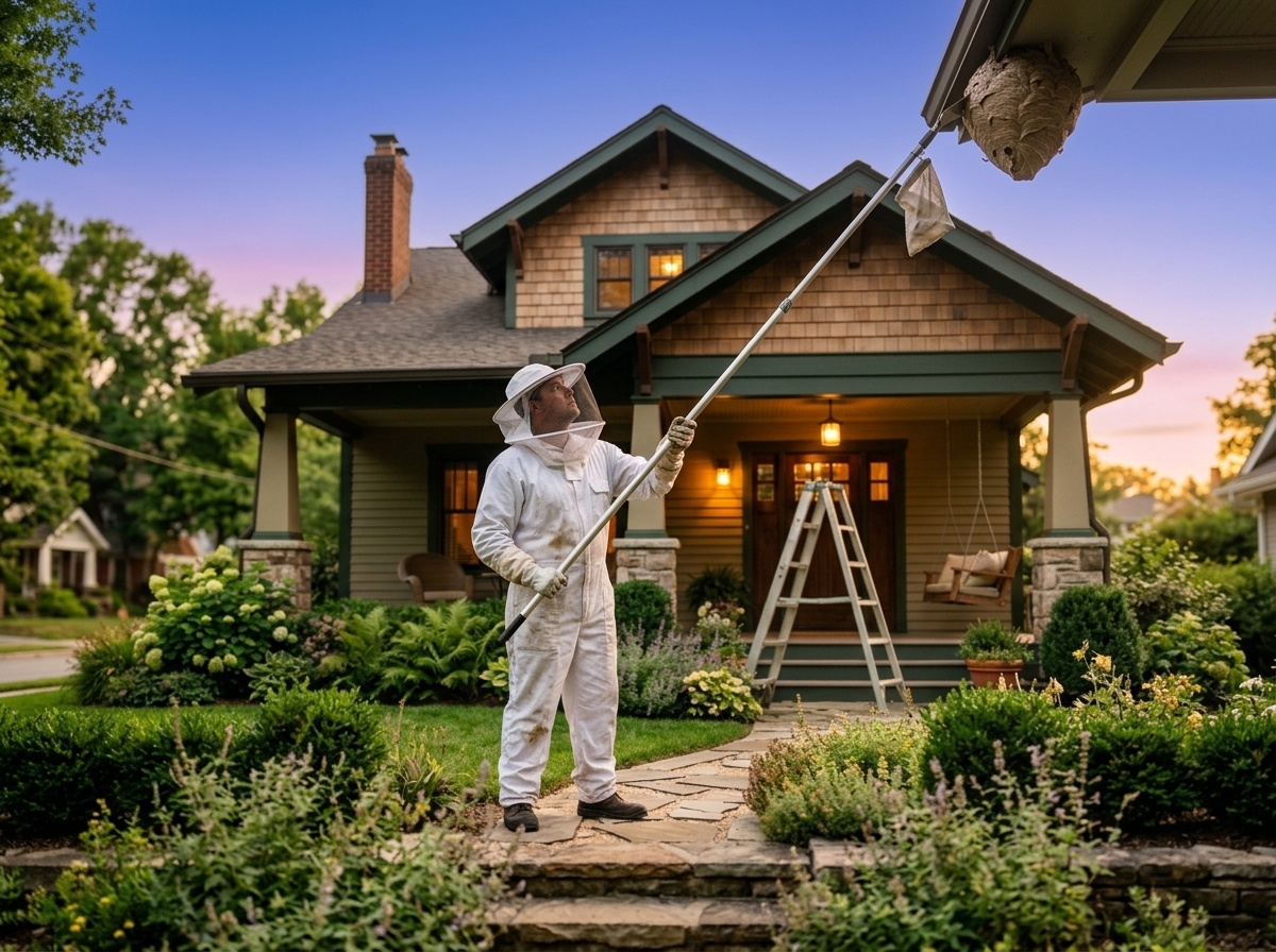 Protected technician removing a wasp nest from a porch eave