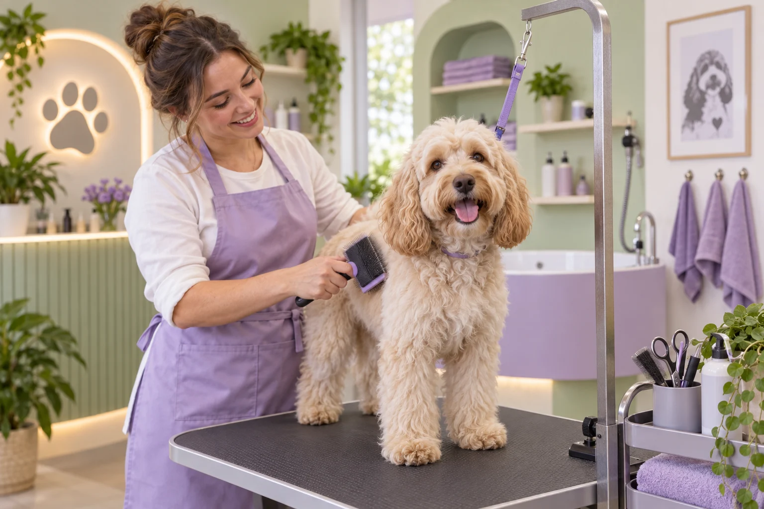 A groomer brushes a curly-haired dog standing on a grooming table in a salon.
