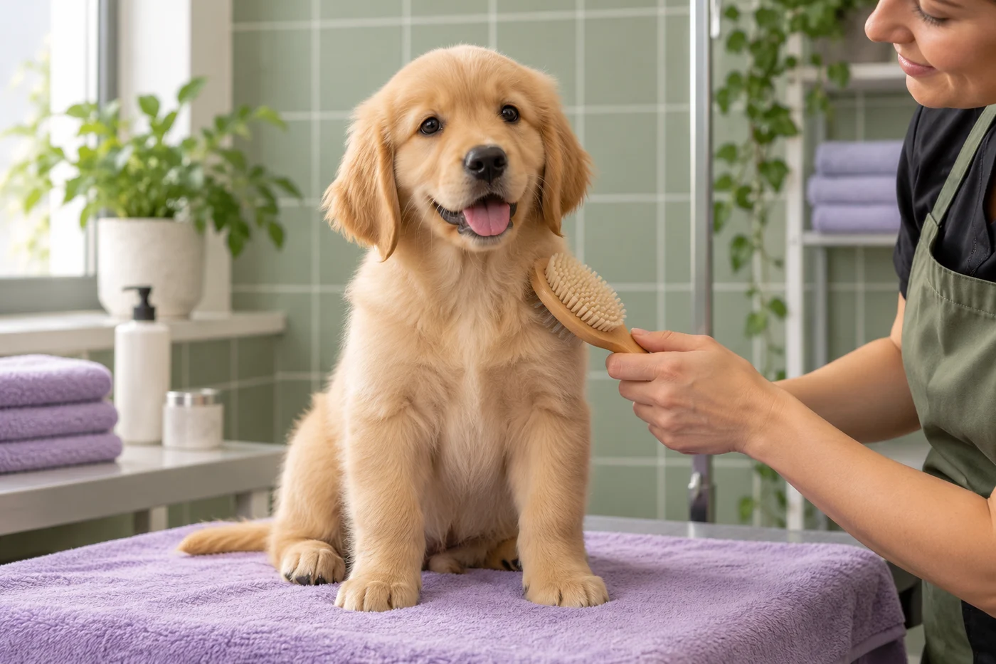 A groomer brushes a golden puppy sitting on a purple towel.