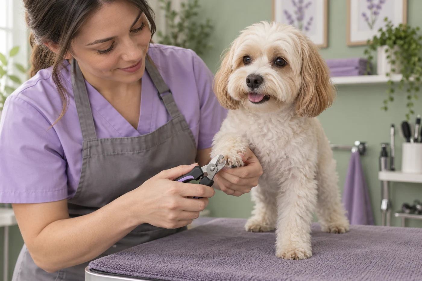 A groomer trims a small dog's nails on a towel-covered grooming table.