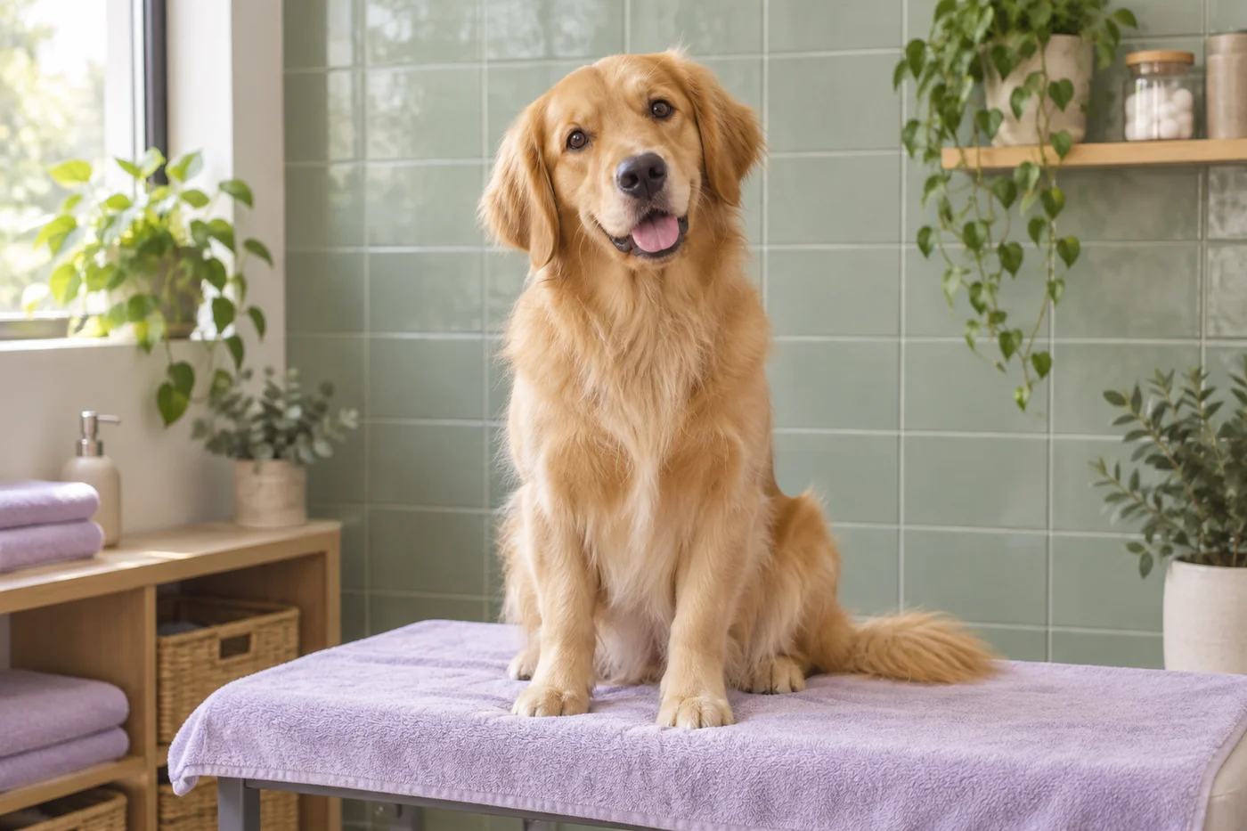 A golden retriever sits on a towel-covered grooming table in a tiled room.