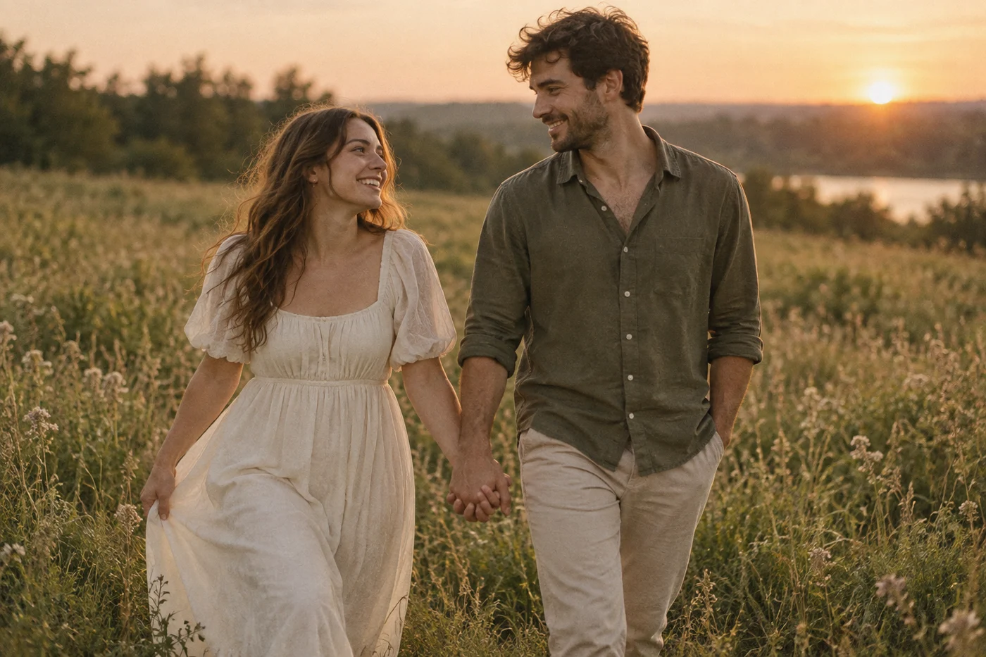 A couple holds hands while walking through a grassy field at sunset.