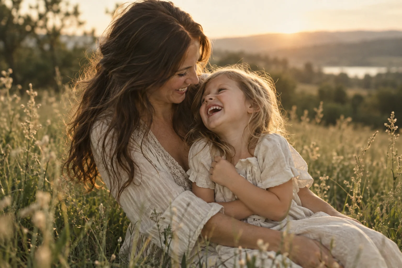 A woman holds a laughing child while sitting in a grassy field at sunset.
