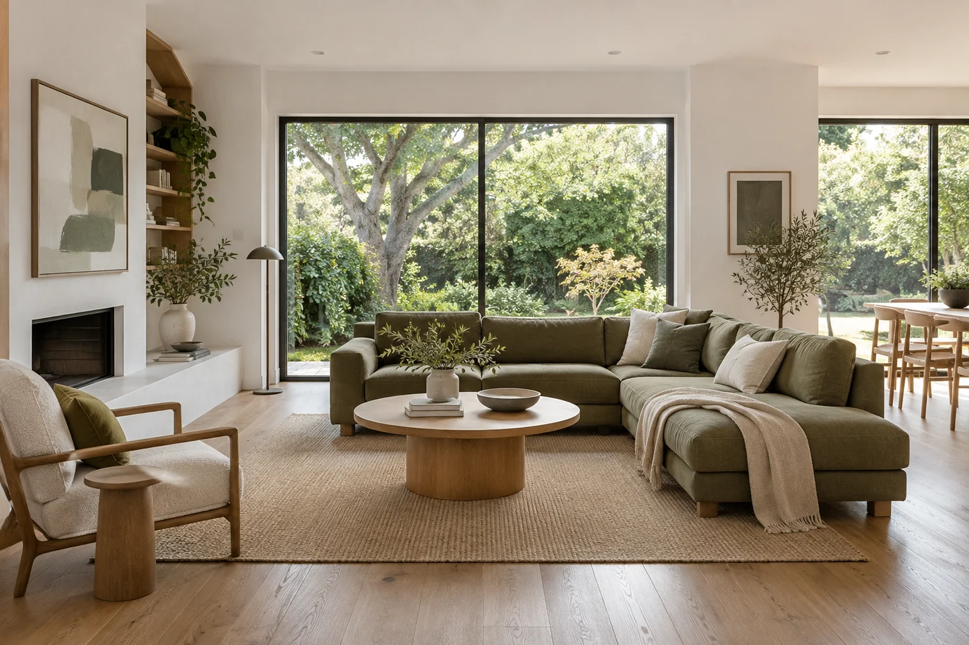 A living room has a green sectional sofa, a round wooden table, a fireplace and large windows.