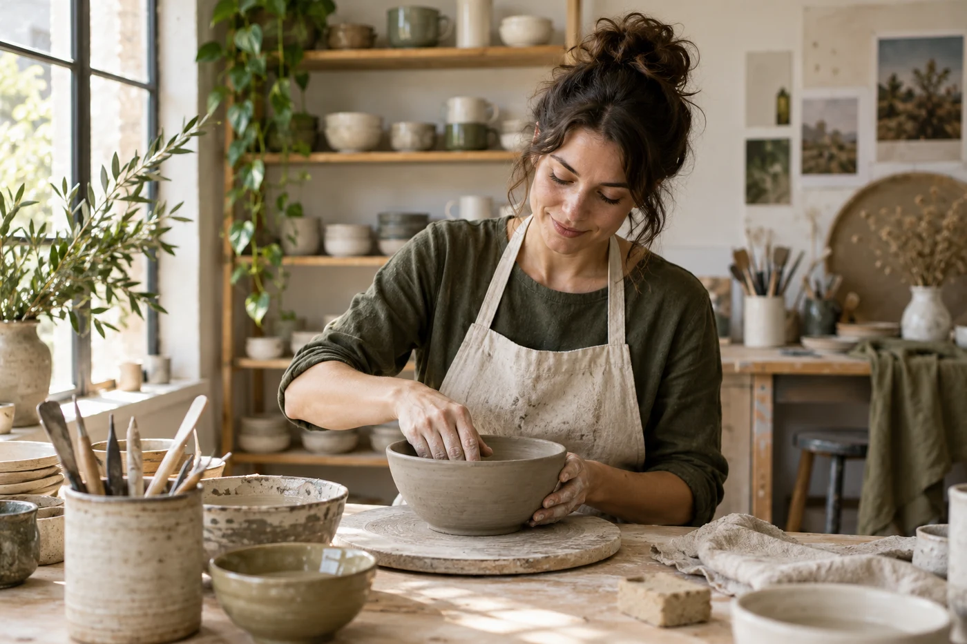 A potter shapes a clay bowl at a workbench surrounded by pottery and tools.