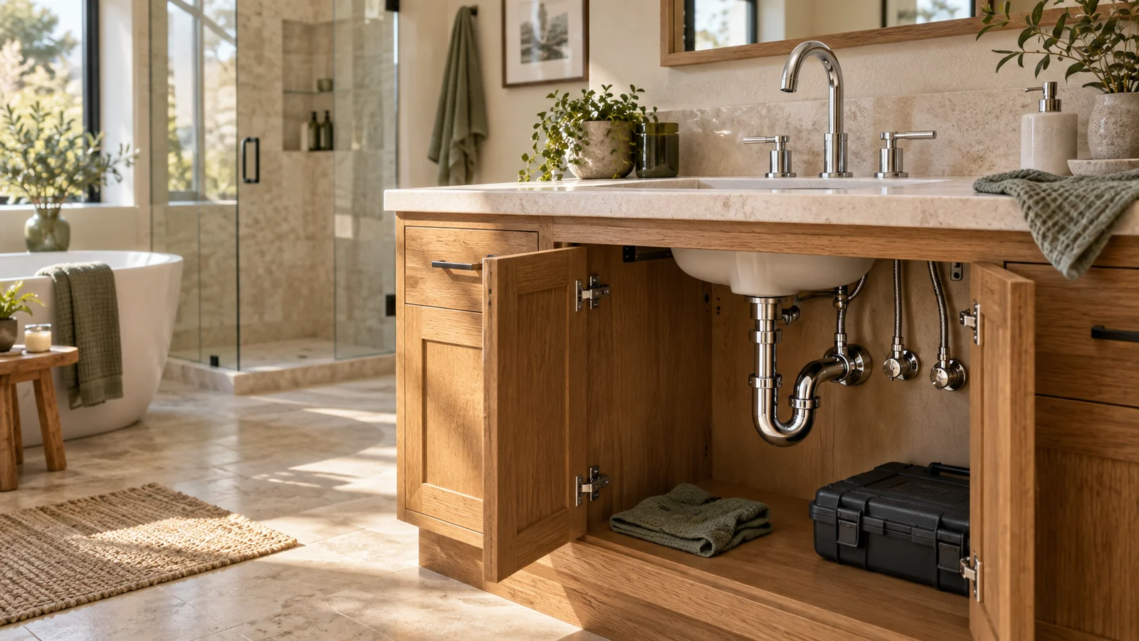 Sunlit bathroom with oak vanity, chrome faucet and visible under-sink plumbing