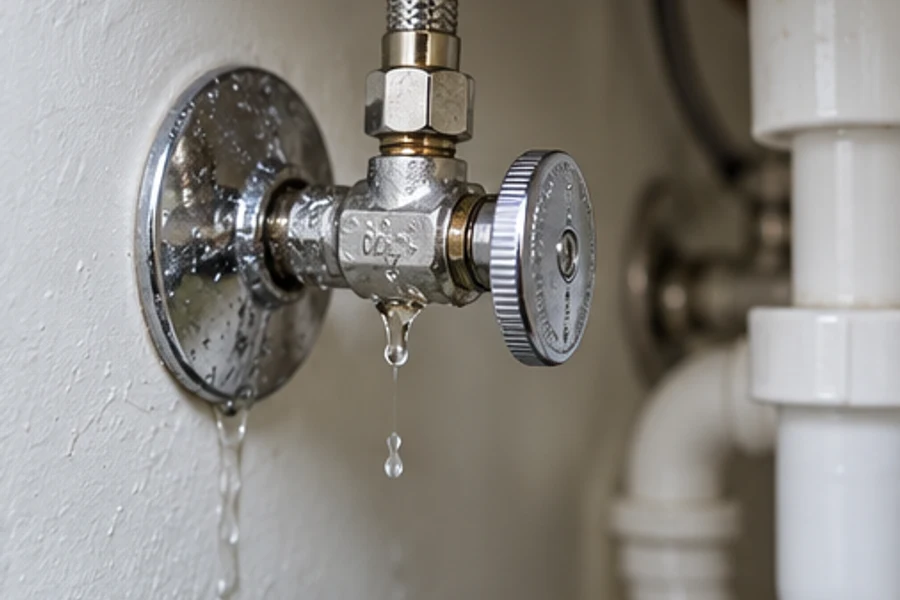 Water drips from a metal shutoff valve beside white drain pipes under a sink.