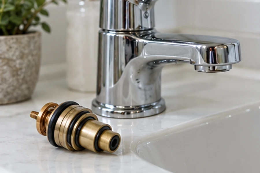 A brass faucet cartridge with black seals rests beside a chrome faucet on a white sink.