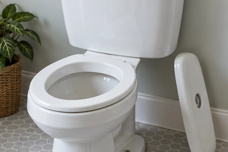 A white toilet stands on a hexagonal tile floor with its tank lid leaning against the wall.