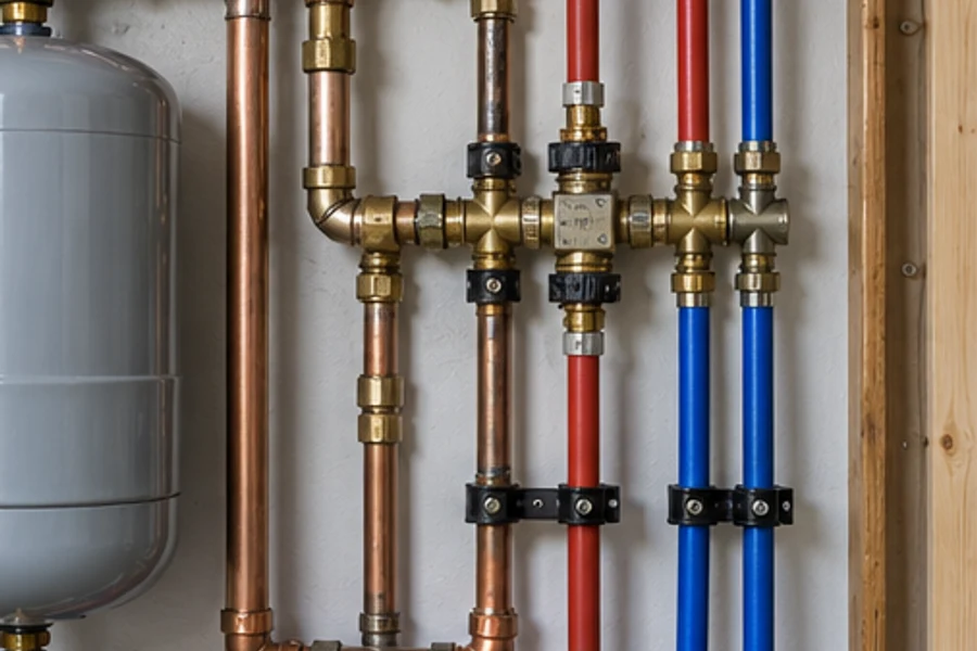 Copper and colored plastic pipes connect through brass fittings beside a gray expansion tank.