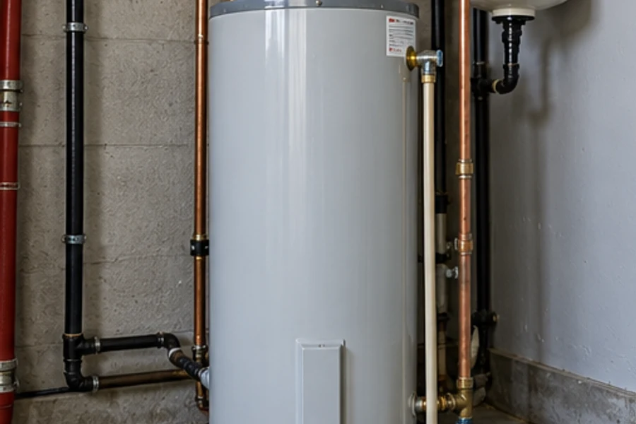 A cylindrical water heater stands beside copper and black pipes in a utility room.