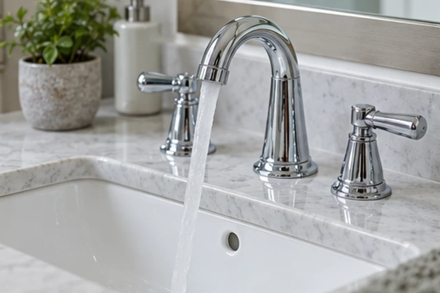 Water flows from a chrome faucet into a white bathroom sink set in a stone countertop.