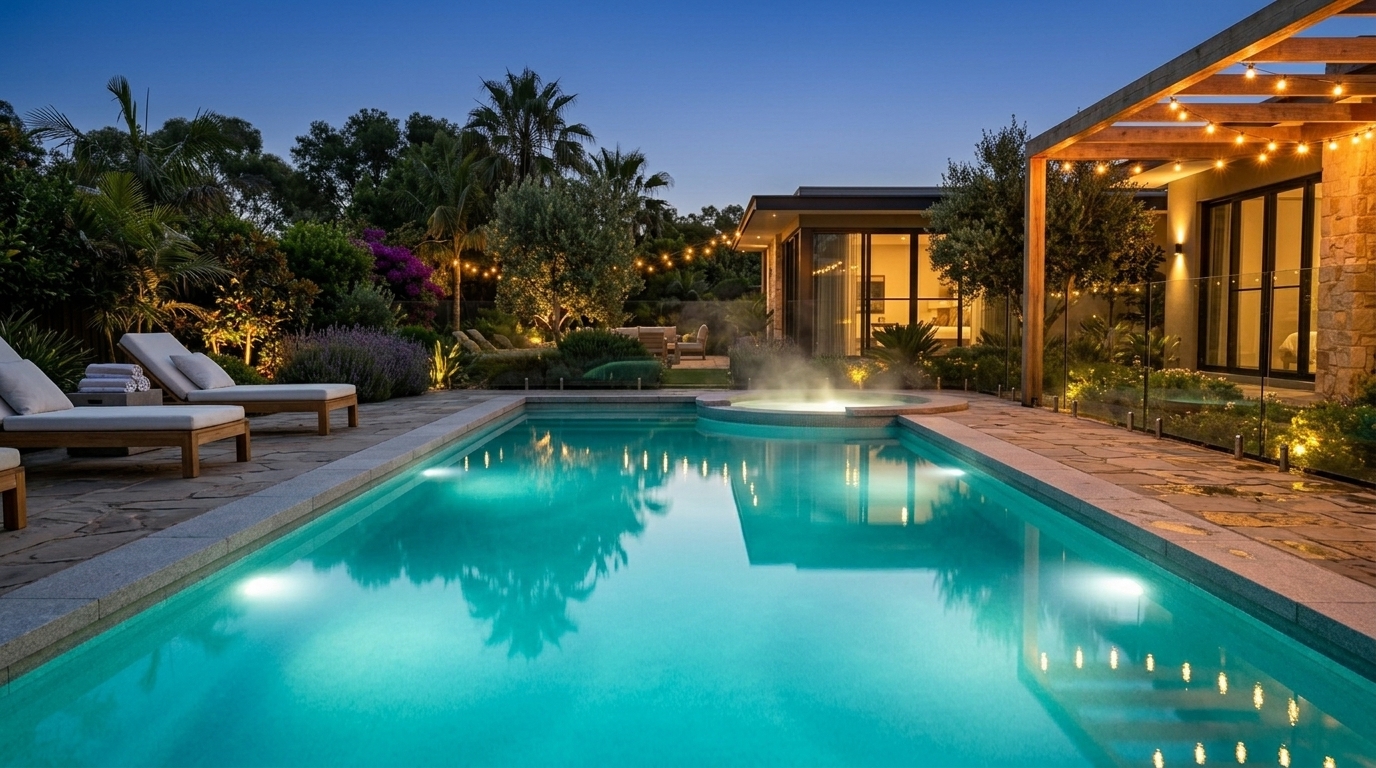 Evening pool with patio lights and quiet blue water