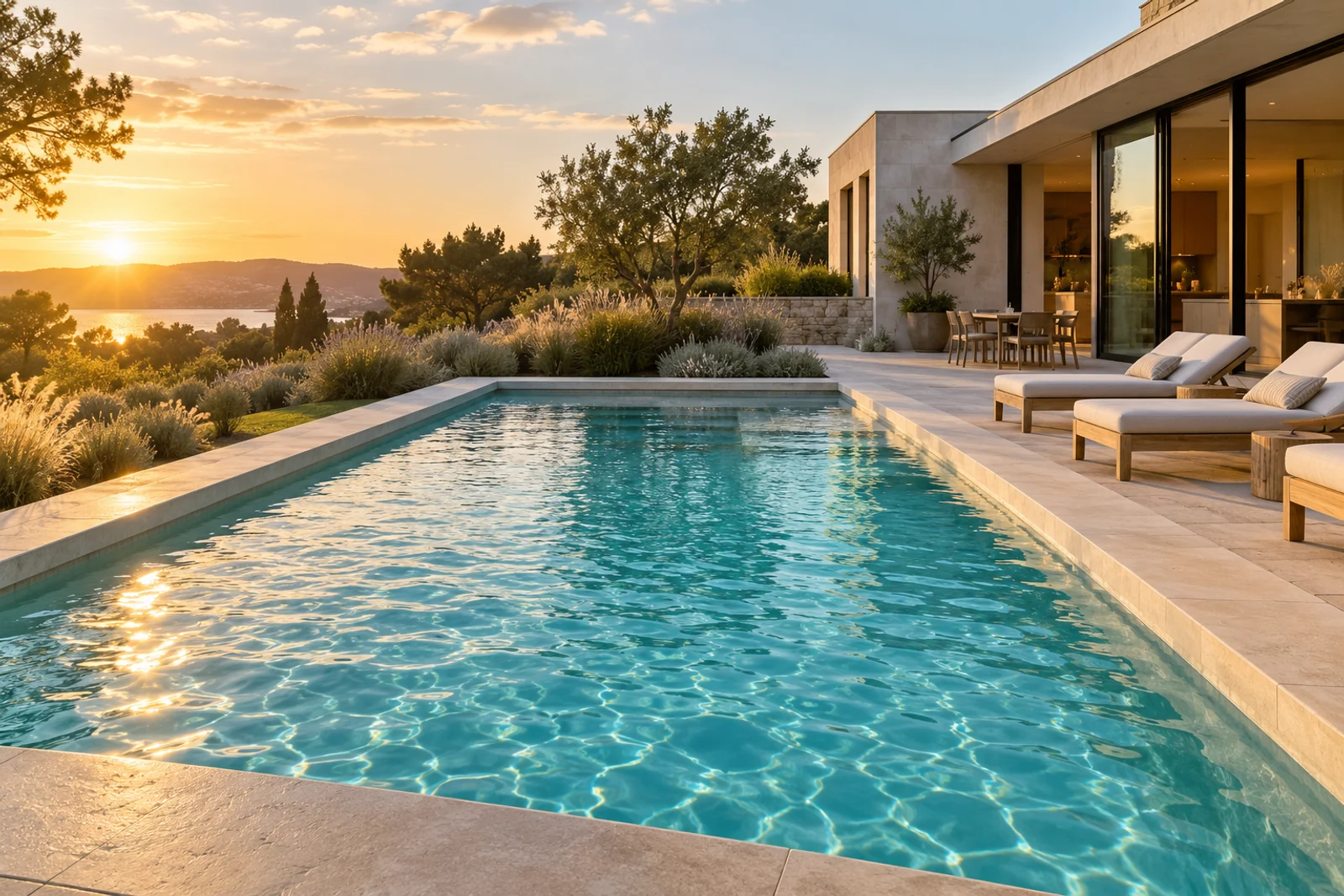 Clear turquoise backyard swimming pool and limestone patio