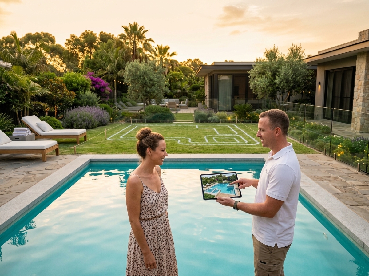 Backyard pool design and installation with fresh concrete deck