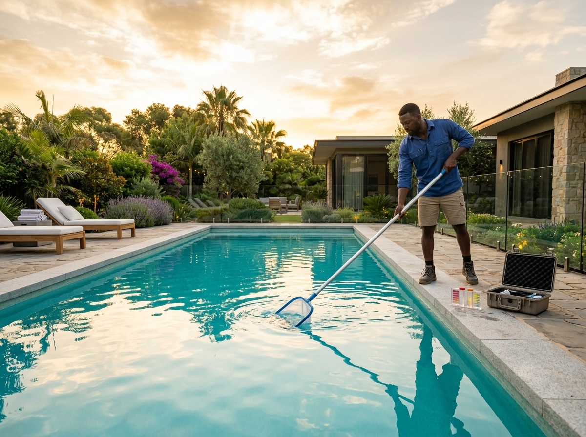 Technician brushing and checking a clean pool