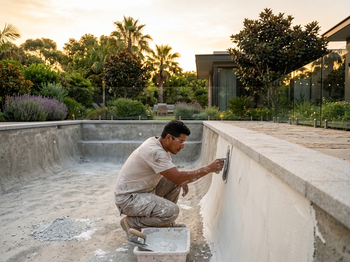 Pool resurfacing and tile renovation in progress