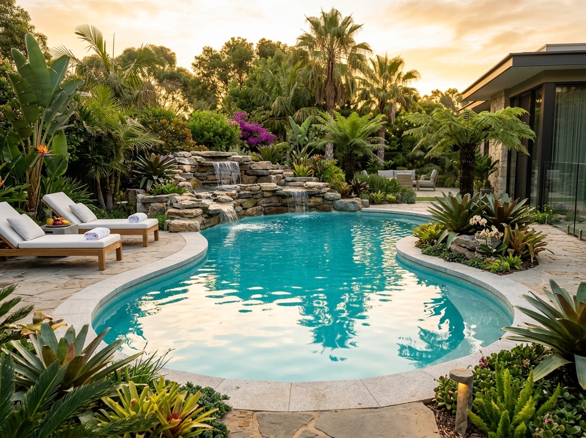 New inground pool with pale deck and clean waterline