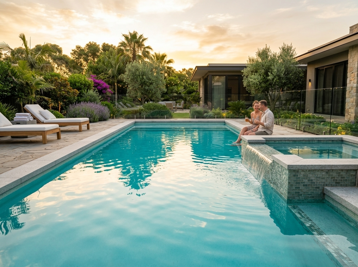 Backyard pool build with stone edge and lounge area
