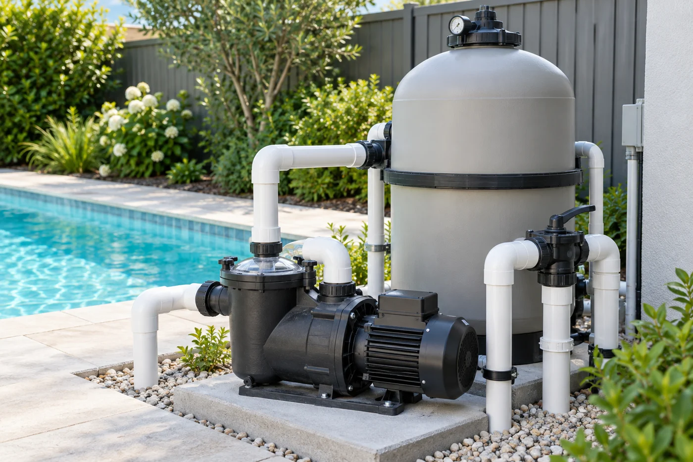A pool pump and large filter tank connect to white pipes beside a swimming pool.
