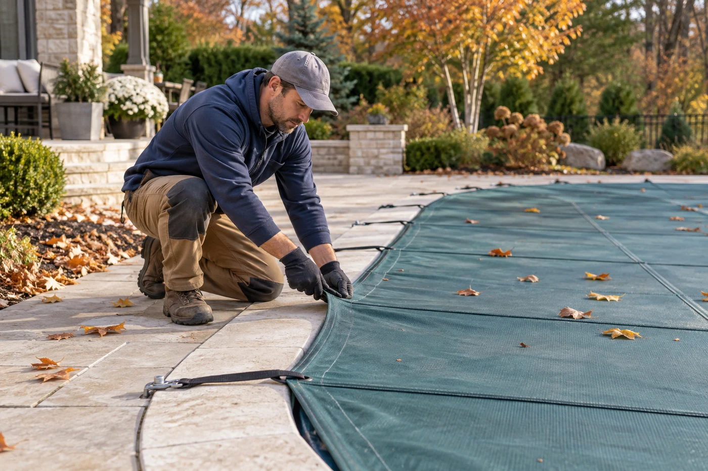 A worker kneels on a patio to secure a green pool cover surrounded by fallen autumn leaves.