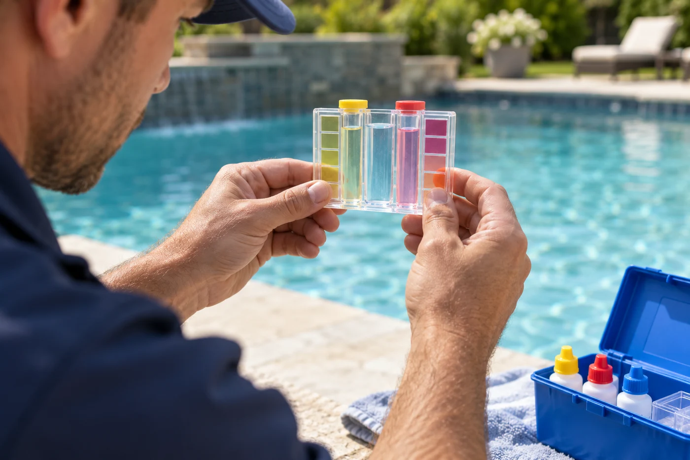 A worker holds a water-testing comparator beside a swimming pool and an open test kit.