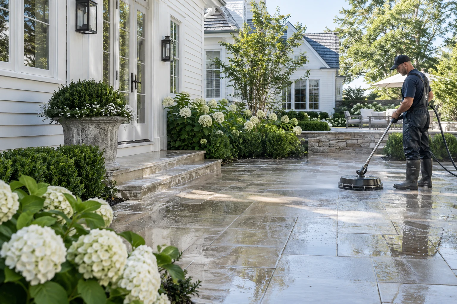A worker uses a circular pressure washer attachment on a wet stone patio beside a house.