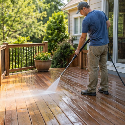 A man pressure washes a wooden deck beside a house and railing.
