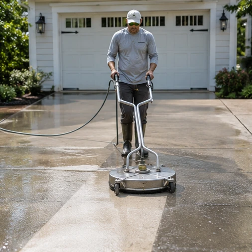A worker operates a circular pressure-washing surface cleaner on a wet driveway in front of a garage.