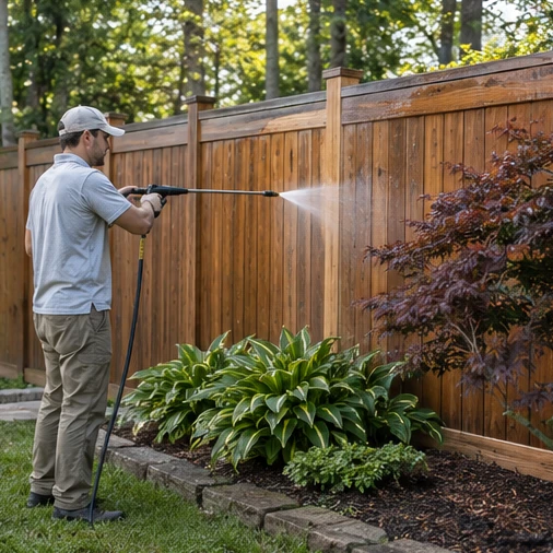 A worker pressure washes a wooden garden fence beside shrubs and lawn.
