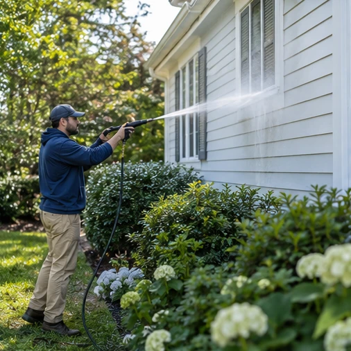 A worker pressure washes white house siding beside a garden bed.